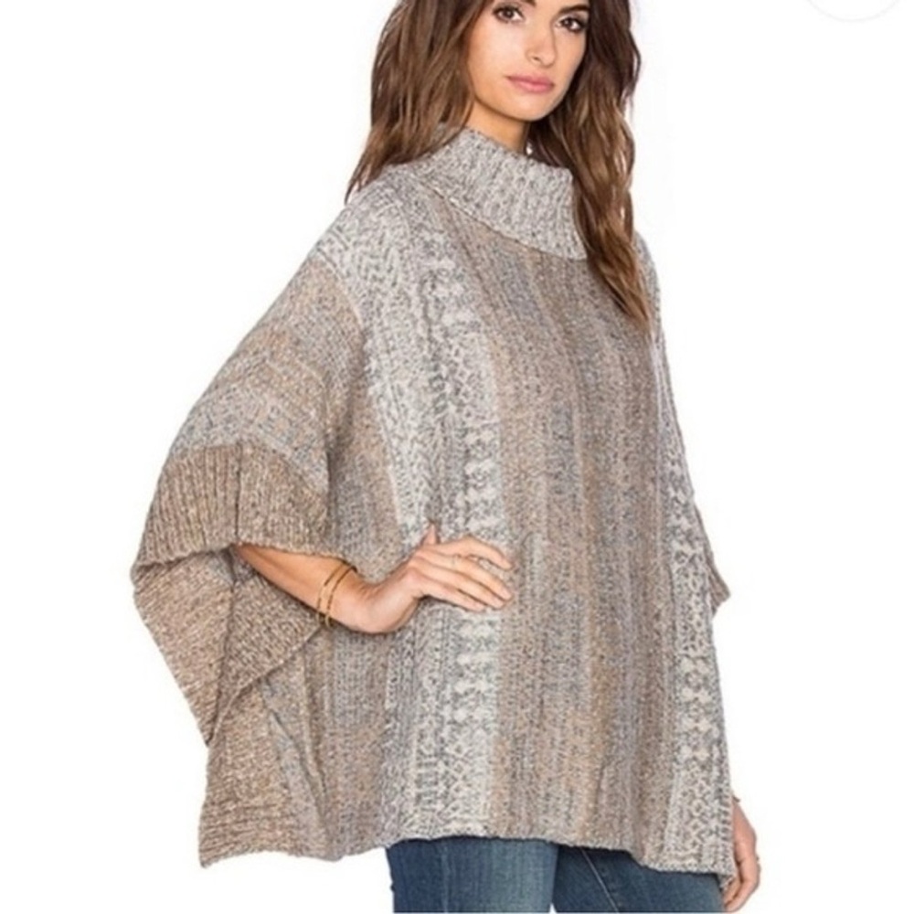 Splendid Oversized Cottagecore Boho Cowl Neck Sweater Poncho S Tan Cream Gray